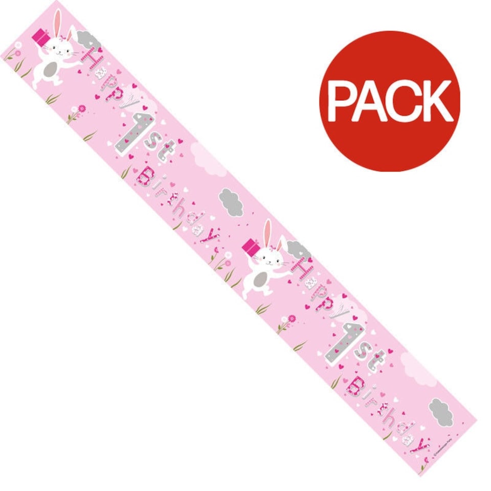 Apac Foil Bunny 1st Birthday Banner (Pack of 12) - Pink/White/Grey - One Size