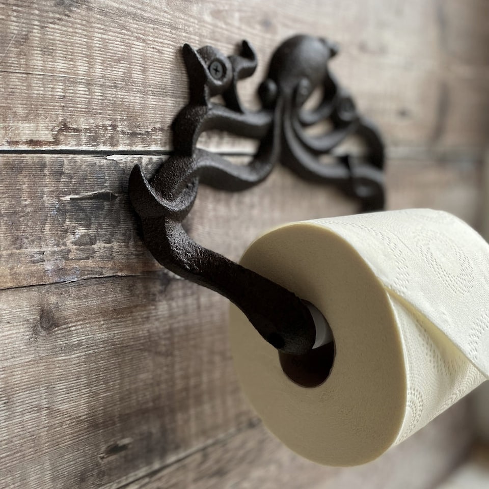 image 1 of Cast Iron Octopus Shaped Loo Roll Holder Store, Wall Dispenser and Wall Hook Set