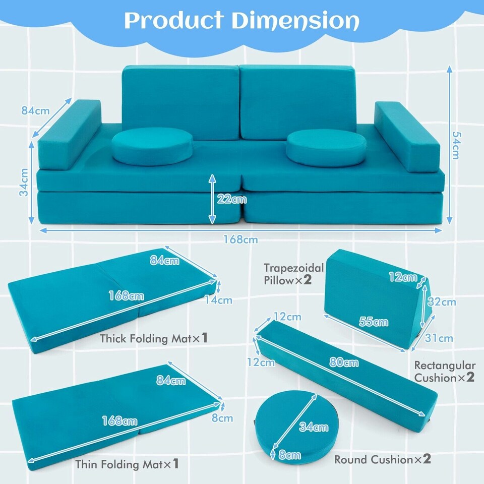 image 1 of COSTWAY 8-Piece Kids Play Couch Sofa Convertible Foam Sofa-Green | Green | Chair