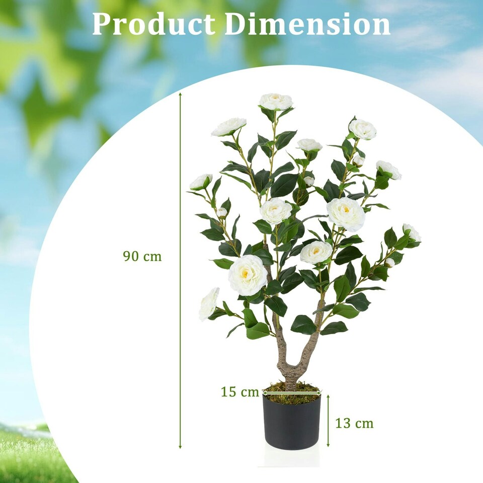 image 1 of COSTWAY 90CM Artificial Camellia Tree Faux Flower Plant White | One Size