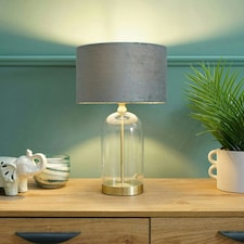 ValueLights Jessy Glass and Gold Metal Bedside Table Lamp with a Grey Velvet Lampshade - Bulb Included Grey
