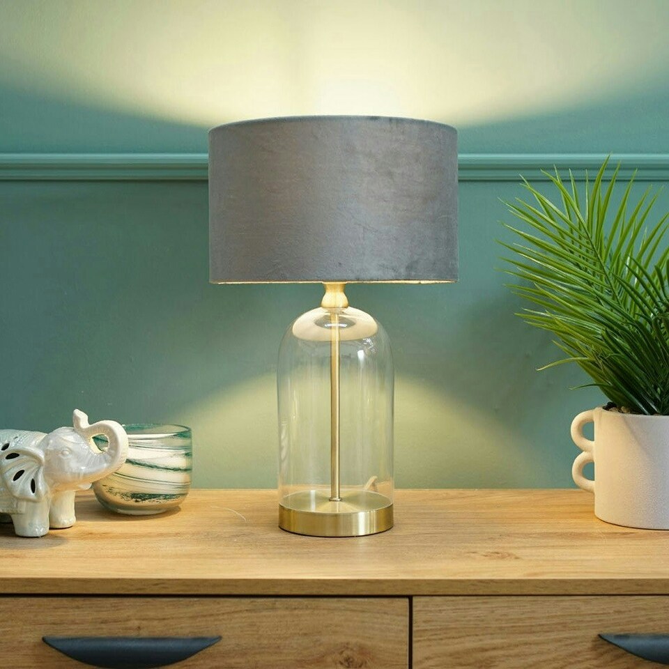 image 1 of ValueLights Jessy Glass and Gold Metal Bedside Table Lamp with a Grey Velvet Lampshade - Bulb Included Grey
