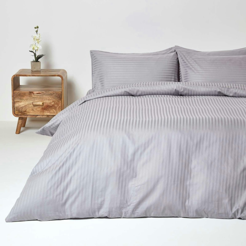 image 1 of Homescapes Grey Egyptian Cotton Stripe Duvet Cover and Pillowcases 330 TC, King Grey