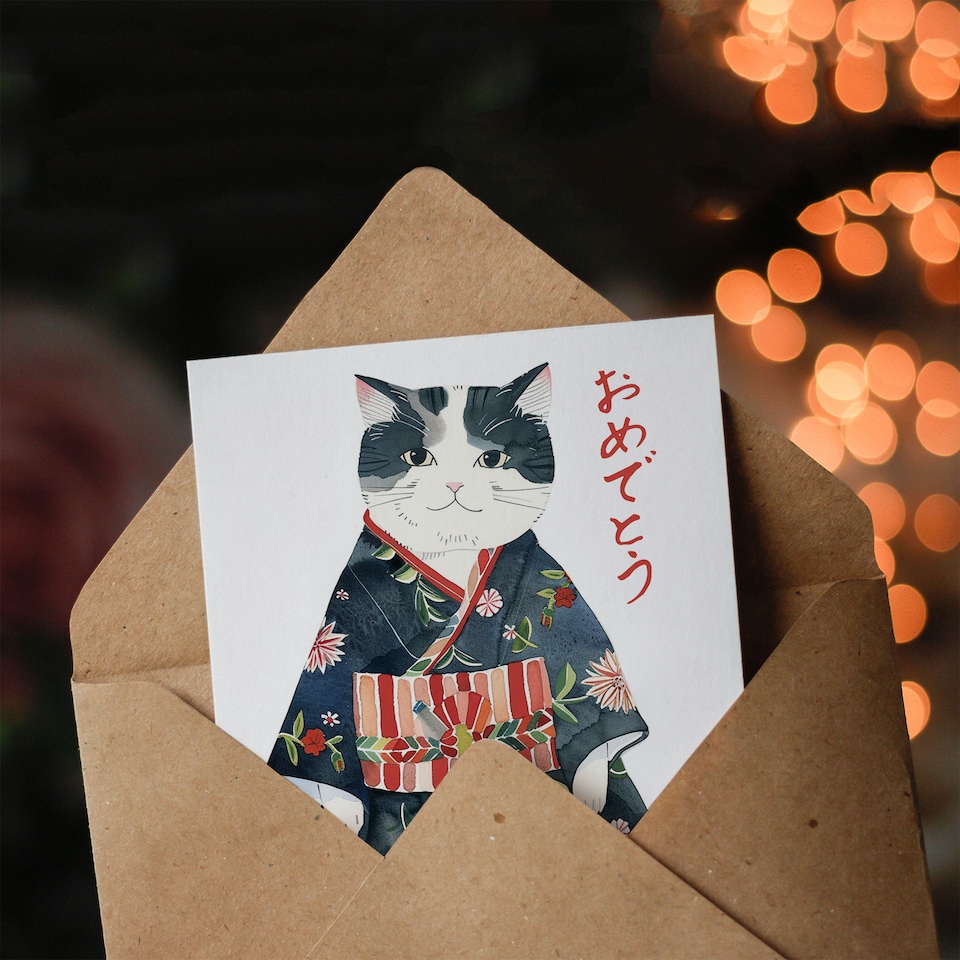 image 1 of Floral Japanese Kimono Pet Portrait Cat Lover Birthday Card