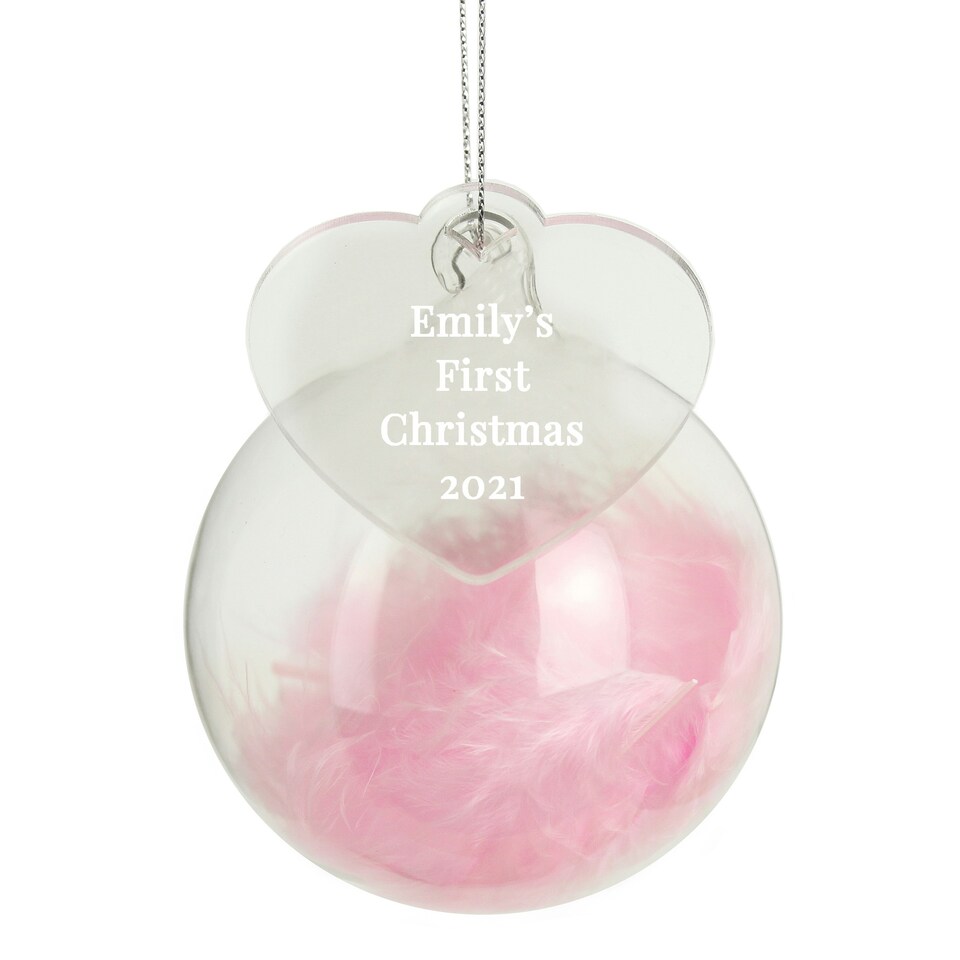image 1 of Personalised Free Text Pink Feather Glass Bauble With Heart Tag