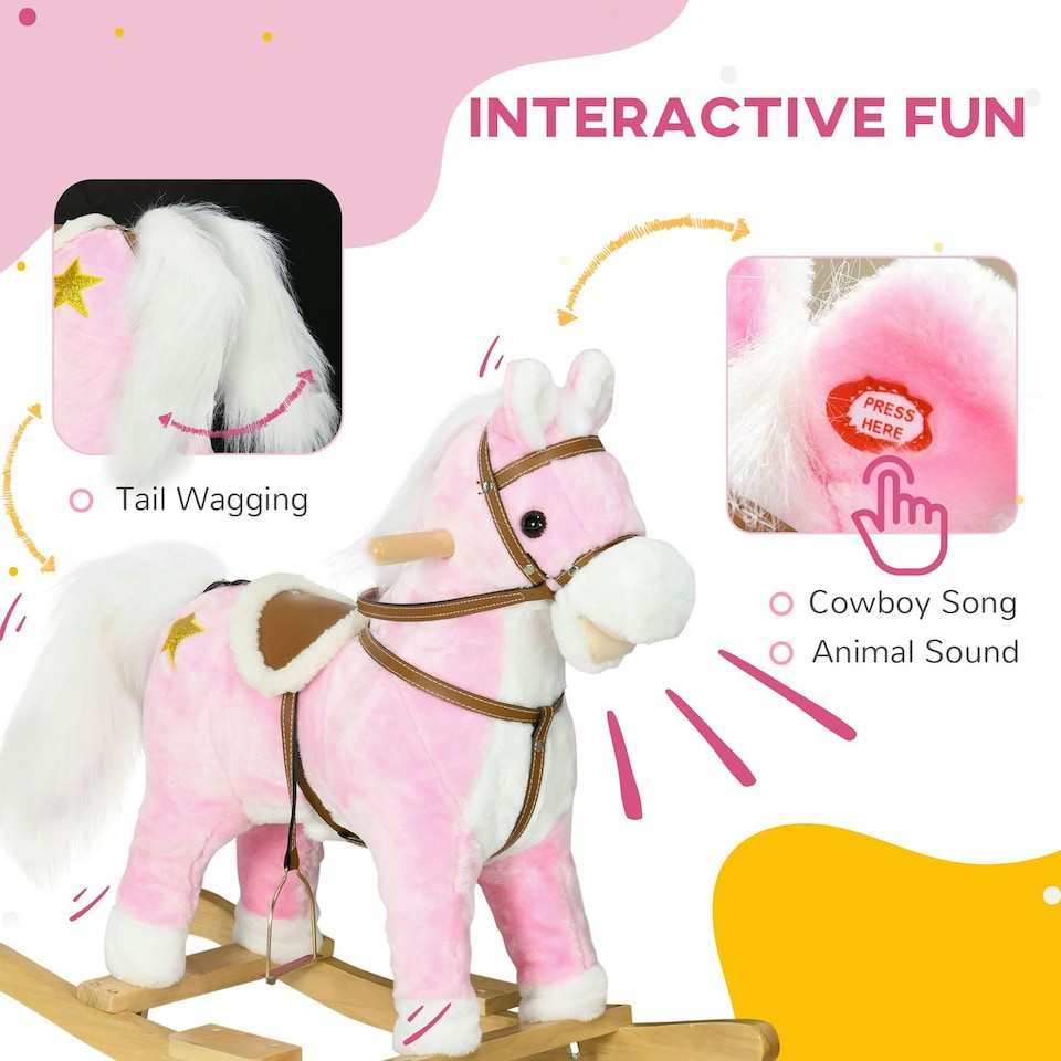 image 1 of HOMCOM Wooden Ride on Horse, Ride on Pony Gift for Ages 3-6 Years - Pink