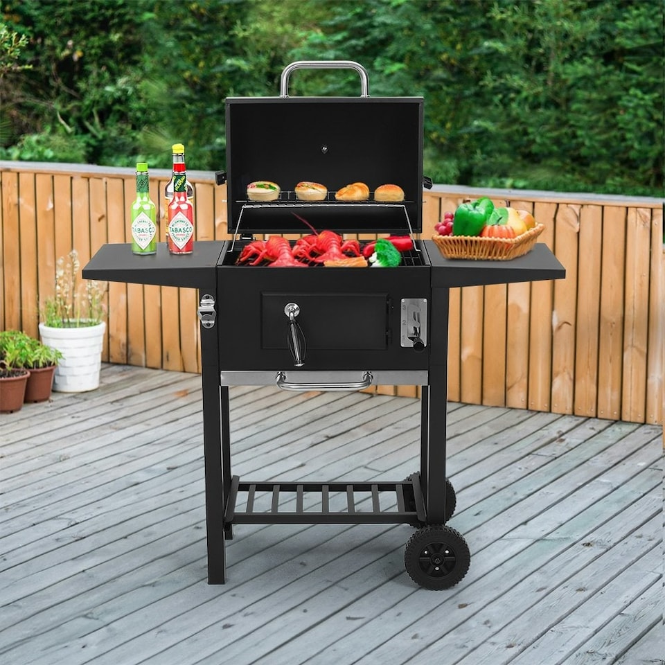 image 1 of Living and Home Outdoor Charcoal Grill with Side Tables - Black
