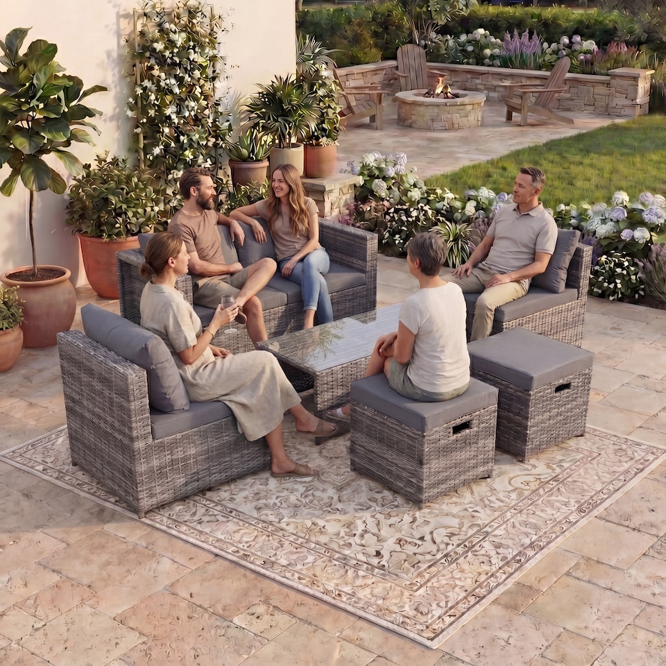 image 1 of Garden Vida Islay 6 Seater Rattan Outdoor BBQ Patio Set with 2 Seater Sofa, 2x Chairs, 2x Stools, Glass Top Coffee Table - Grey
