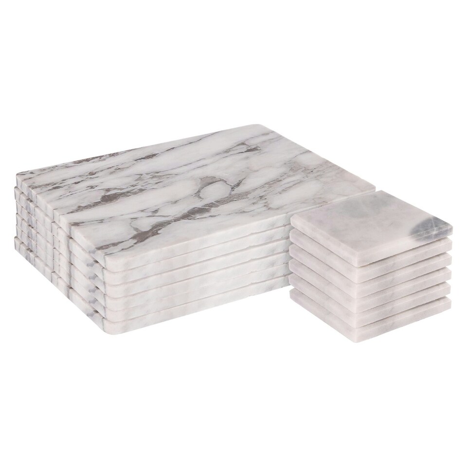 image 1 of Argon Tableware 12pc White Marble Placemats & Square Coasters Set - Table Mats Place Mats and Coasters Kitchen Mats White