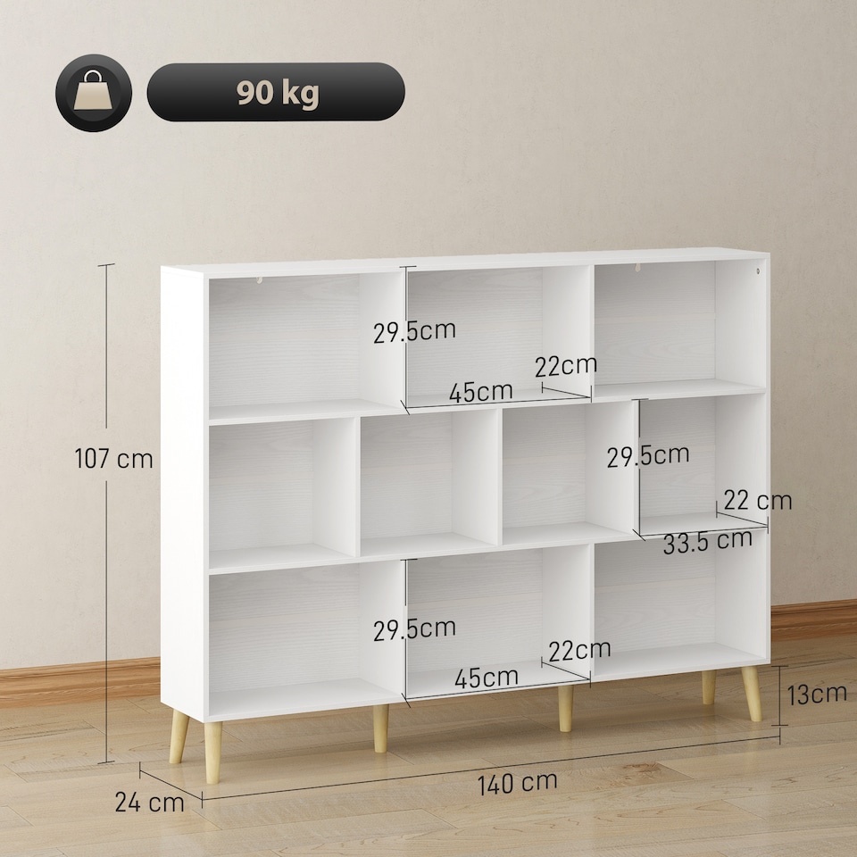 image 1 of HOMCOM Bookshelf with 10 Cubbies, 3-Tier Book Shelf with Wood Legs, White