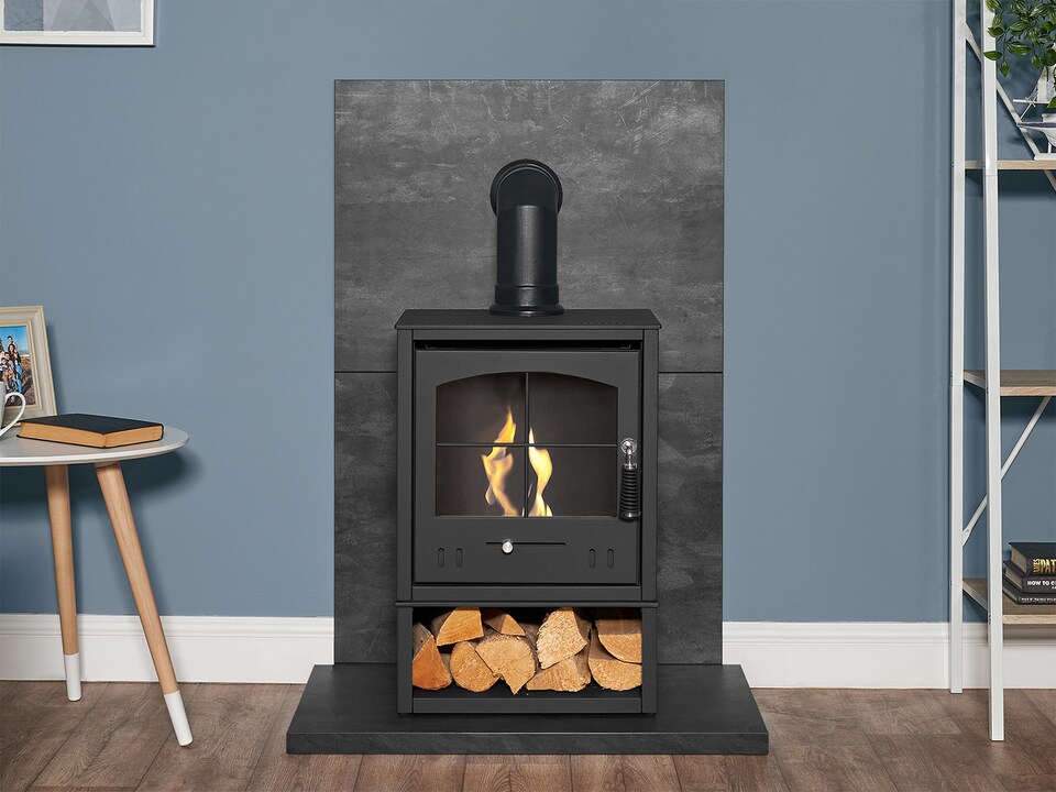 image 1 of OKO S2 Bio Ethanol Stove with Log Storage in Charcoal Grey with Angled Stove Pipe