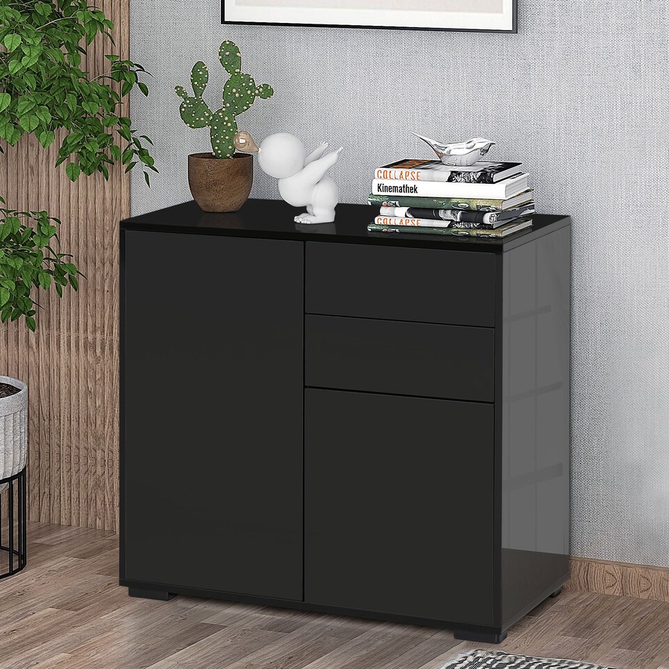 image 1 of HOMCOM High Gloss Frame Sideboard, Side Cabinet, Push-Open Design with 2 Drawer for Living Room, Bedroom, Black