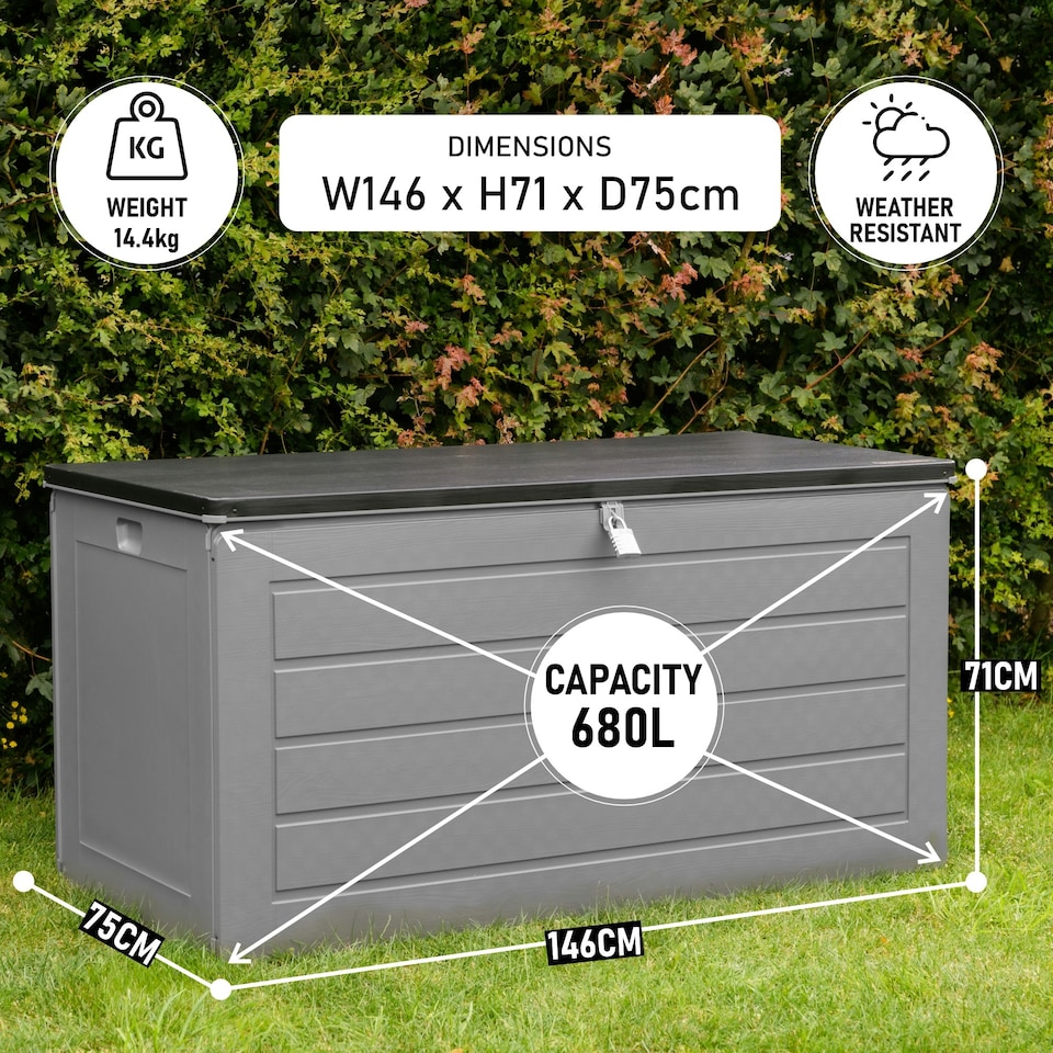 image 1 of Olsen & Smith Large 680L Weatherproof Outdoor Sit On Wood Effect Plastic Garden Bench Storage Box Chest Container Furniture Brown Brown | Brown