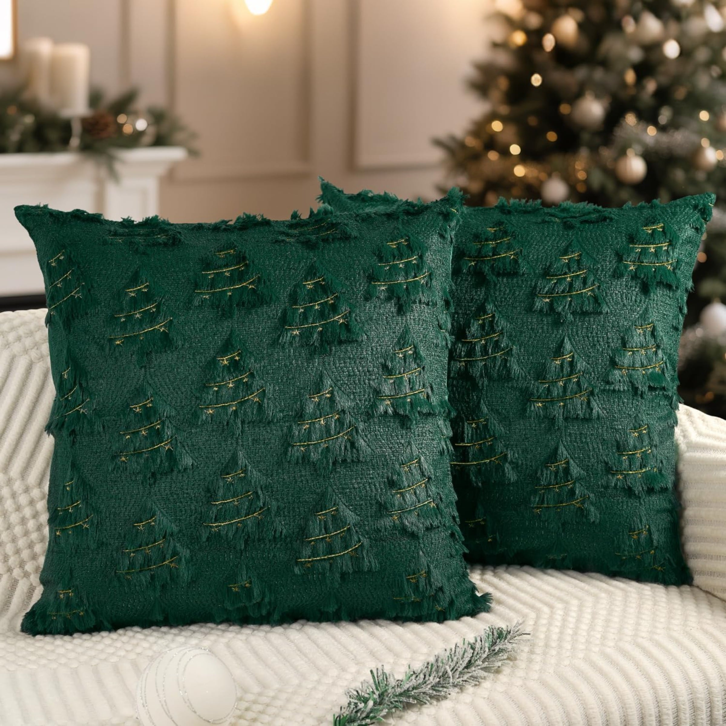 Christmas Decoration Pillowcase Set of 2, Soft Plush Faux Embroidered Christmas Tree(Green)