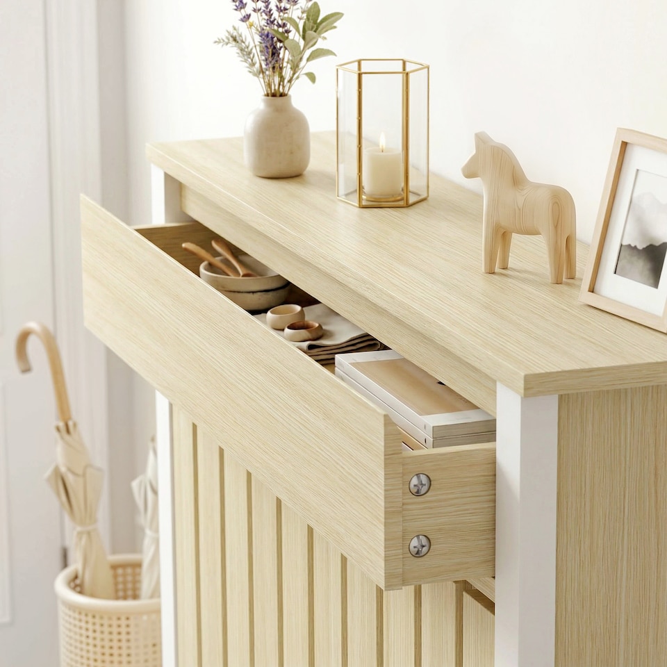 image 1 of HOMCOM Radiator Cover with Drawer and Vertical Slats Oak