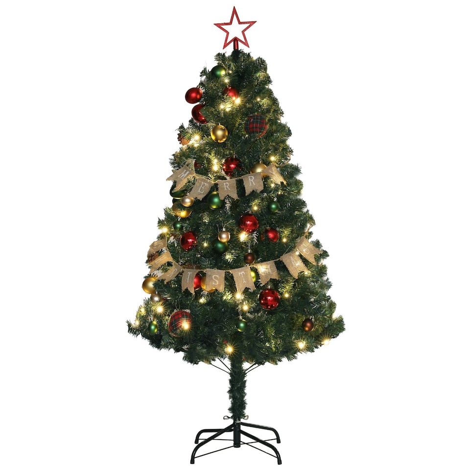 image 1 of HOMCOM 5ft Artificial Christmas Tree with LED Lights and Red Decorations