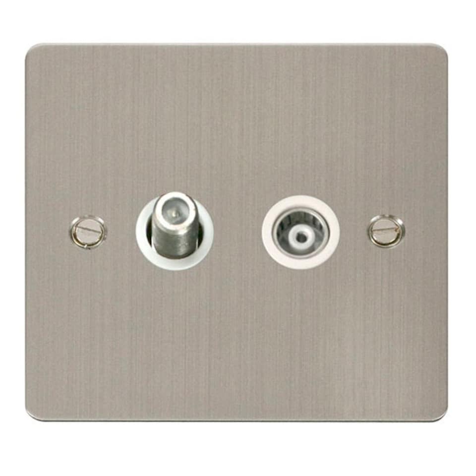 SE HOME Flat Plate Stainless Steel Satellite And Isolated Coaxial 1 Gang Socket - White Trim - SE Home White | Stainless Steel