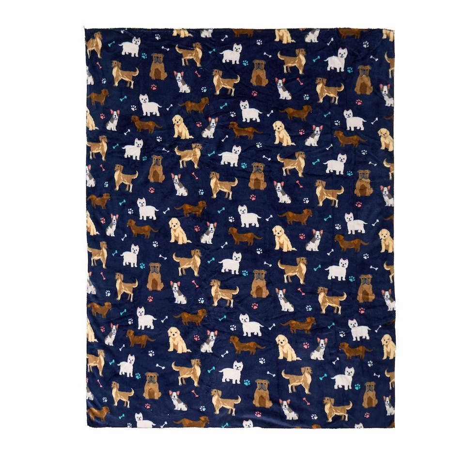image 1 of OHS Dog Print Sherpa Fleece Reverse Pet Blanket Throw, 100x120cm - Navy Blue