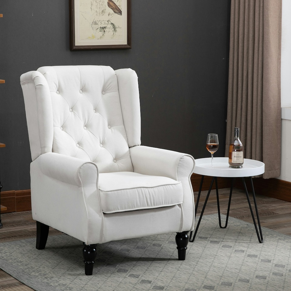 image 1 of HOMCOM Accent Retro Tufted Club Wood Fabric Armchair Cream White