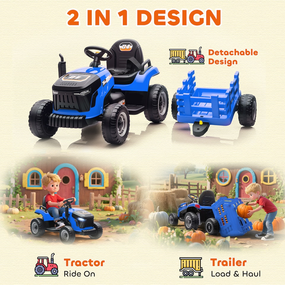 image 1 of AIYAPLAY Ride on Tractor and Trailer, 12V Electric Ride on Tractor, Blue