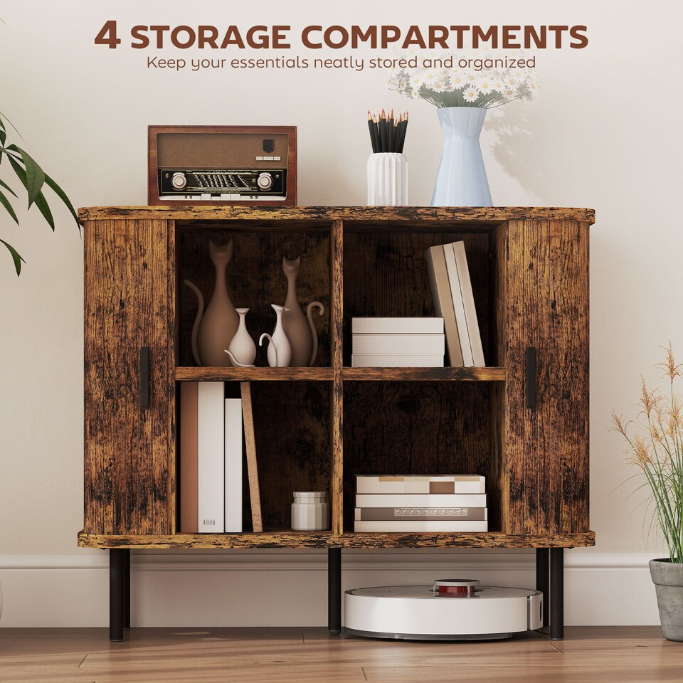 image 1 of HOMCOM Mid-Century Modern Sideboard Storage Cabinet with Slatted Tambour Sliding Doors, Kitchen Cabinet with Steel Legs, Rustic Brown | Brown | Rustic Brown