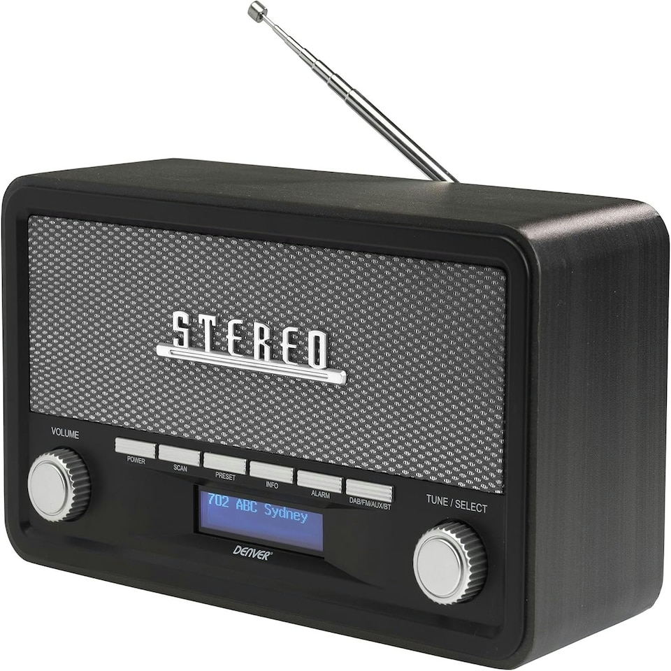 image 1 of Vintage Style Stereo DAB/DAB+ & FM Radio – Grey Wood Cabinet, Bluetooth, Clock Radio Alarm, AUX IN for Smart Phone/Tablet / MP3 Player – Mains or Battery