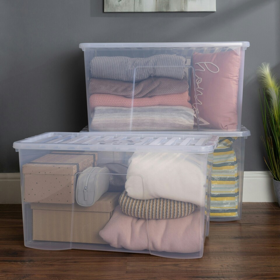 image 1 of Wham Crystal 3 x 110L Stackable Plastic Storage Boxes with Lids Clear Clear