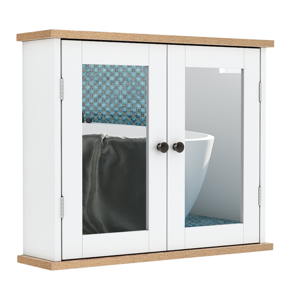 image 1 of kleankin Bathroom Mirror Cabinet Wall Mounted Storage Cupboard with Double Door and Adjustable Shelf, White