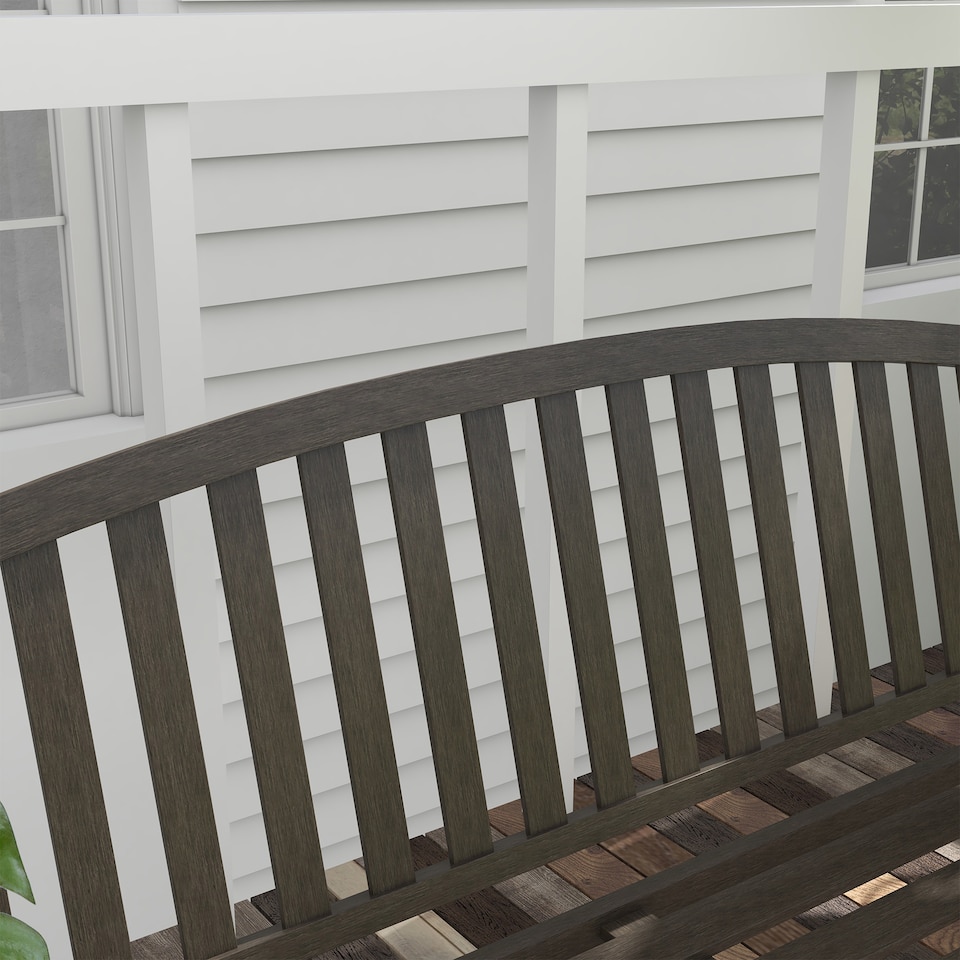 image 1 of Outsunny Garden Bench, Outdoor Metal Bench with Slatted Seat and Backrest, Curved Armrest, for Conservatory, Garden, Poolside, Deck, Brown