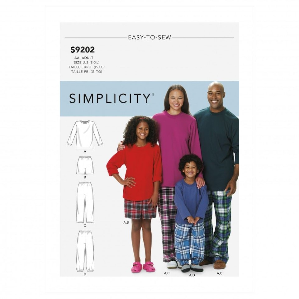 image 1 of Simplicity 9202 Paper Sewing Pattern – Children’s, Teenagers’, Men’s & Women’s Pyjamas, Tops, Shorts & Trousers, Sizes Bb (S–M–L–XL), Easy