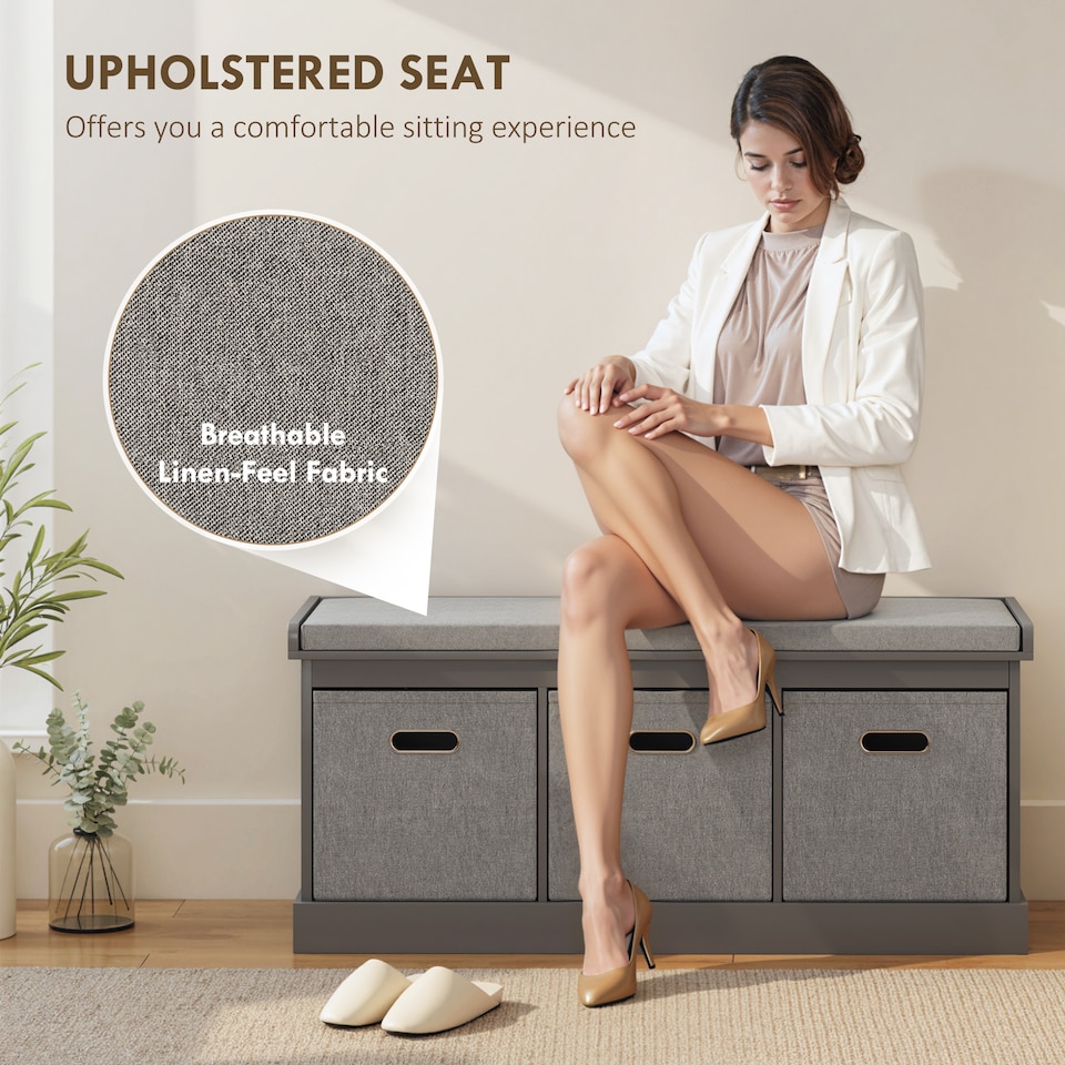 image 1 of HOMCOM Shoe Bench with 3 Fabric Baskets, Shoe Storage Bench with Seat Cushion, Shoe Cabinet for Entryway, Hallway, Living Room, Bedroom, Grey | Grey | Grey