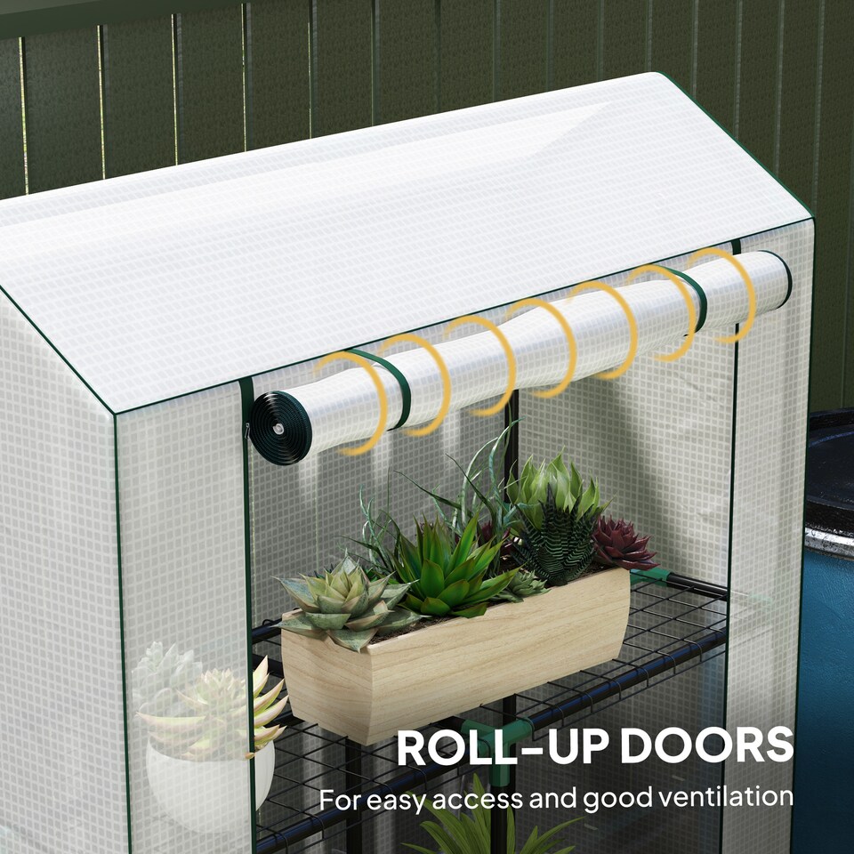 image 1 of Outsunny 3 Tier Mini Greenhouse with PE Cover, Roll-Up Door, White