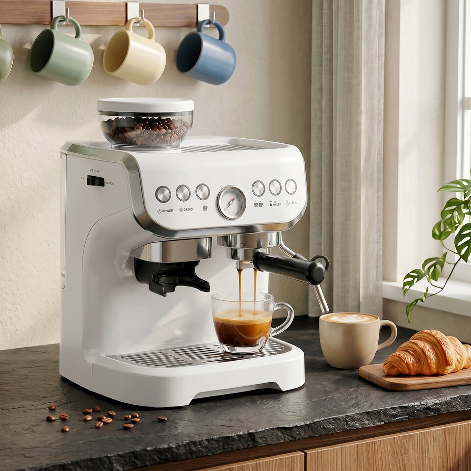 image 1 of HOMCOM Espresso Machine, Bean Grinder & Steam Wand, 15 Bar Pressure