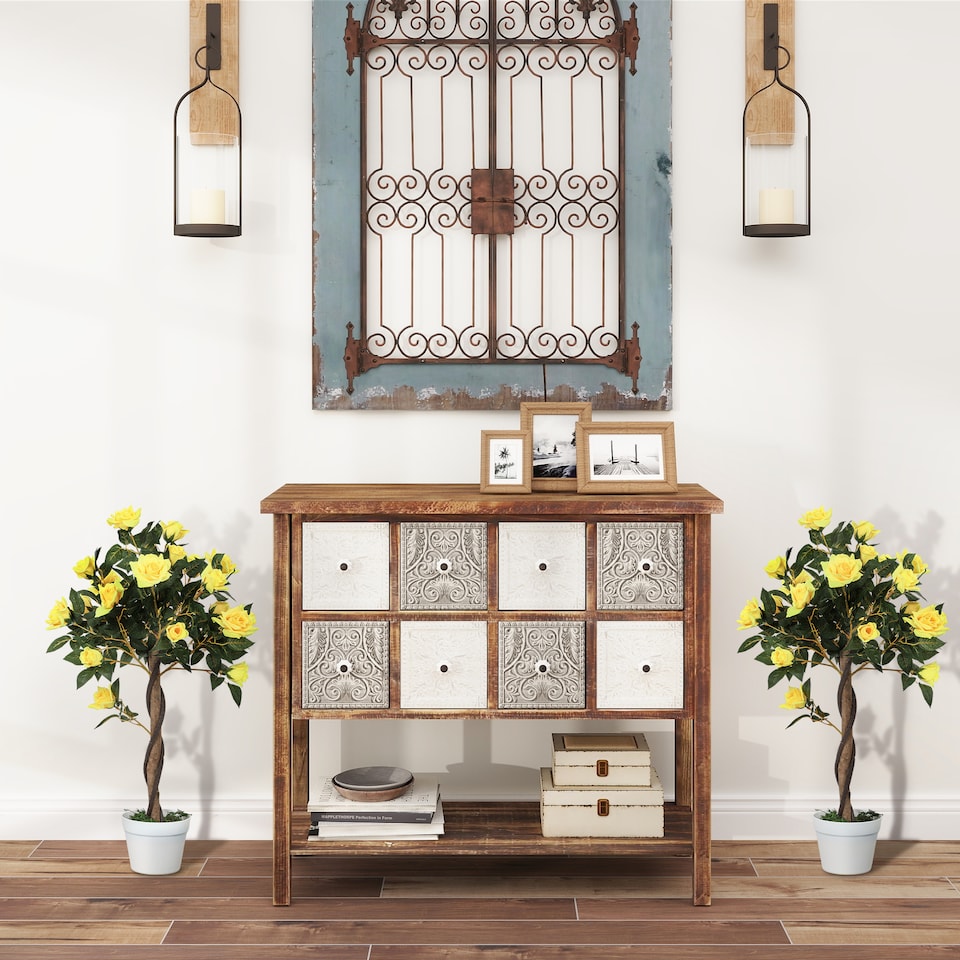 image 1 of Outsunny Set of 2 90cm3FT Artificial Rose Tree, Fake Decorative Plant with Pot, UV-Resistant FauTree for Outdoor Indoor Home Office Decor, Yellow