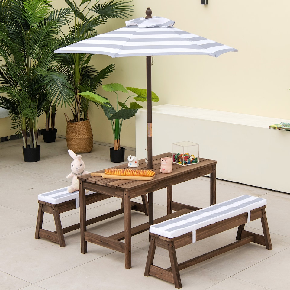 image 1 of COSTWAY 4 PCS Wooden Kids Picnic Table Bench Children Outdoor Activity Desk-Grey