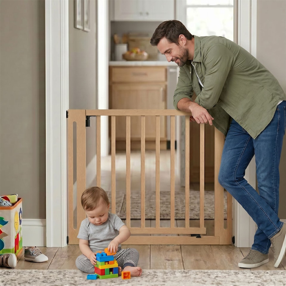 image 1 of Safetots Wooden Elegance Gate, Natural, 79cm - 87cm, Pressure Fit Safety Gate, 57cm Extra Wide Doorway, Easy Installation