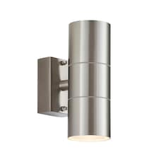 Canon 2 Light Outdoor Up Down Wall Light Clear Glass, Polished Stainless Steel IP44, GU10