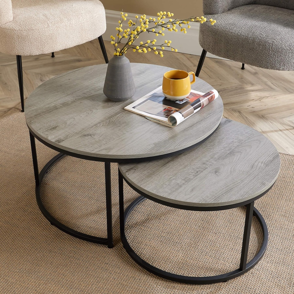 image 1 of Nest of 2 Grey Tables Round Stackable Side Unit Industrial Living Room Furniture