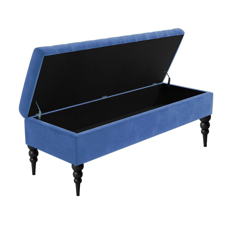 image 1 of 90cm Sierra Striped Naples Upholstered Ottoman Storage Bench with Black Turned Wooden Legs - Blue Shoes Storage Bench