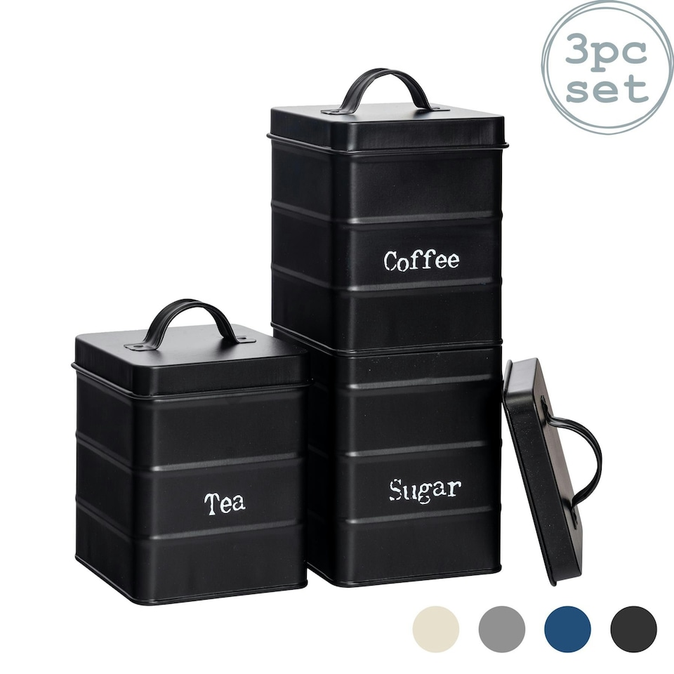 image 1 of Harbour Housewares Black Vintage Metal Kitchen Tea Coffee Sugar Canisters Kitchen Caddy Kitchen Storage Containers Canister