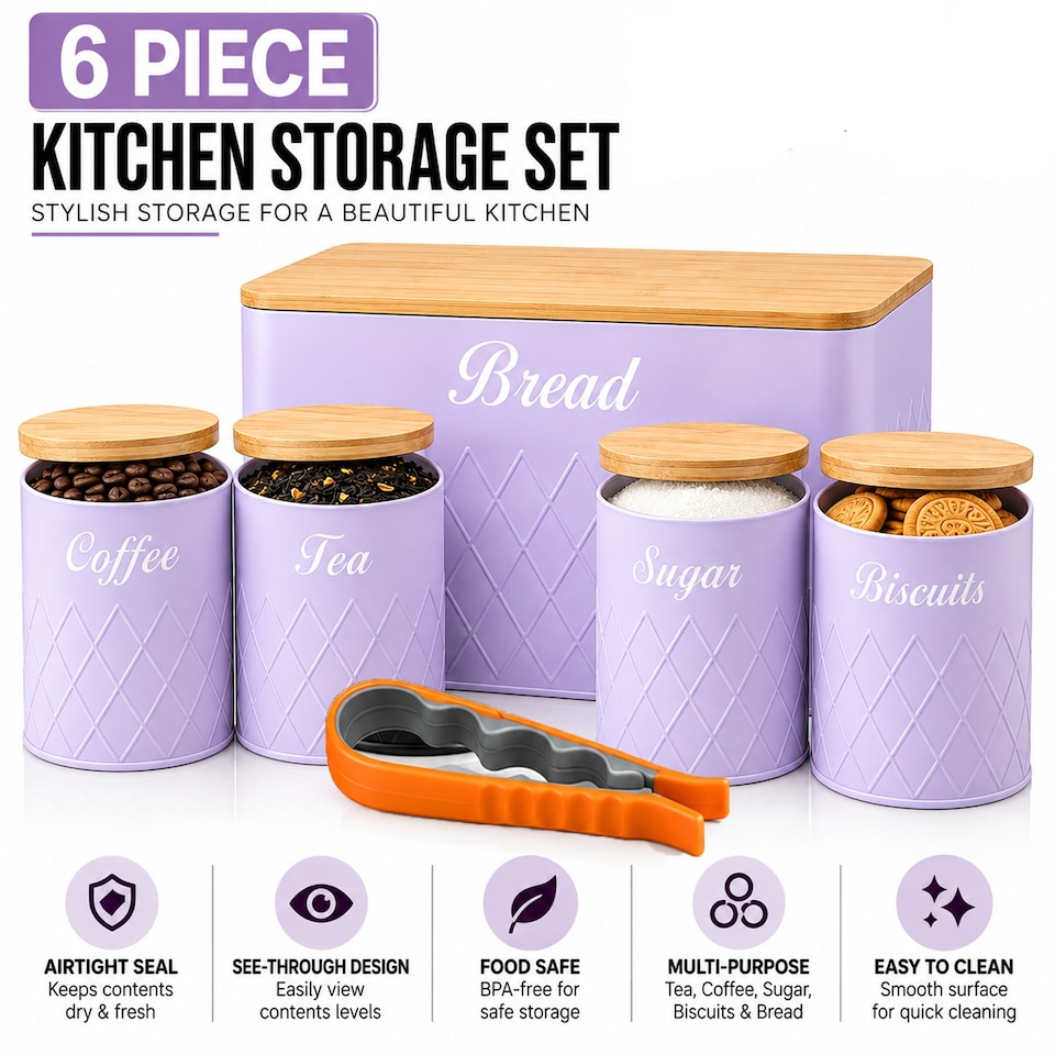 image 1 of 6Pcs Kitchen Storage Canister Jars with Can Opener Airtight Bamboo Lid Tea Coffee Sugar Bread Tins Set