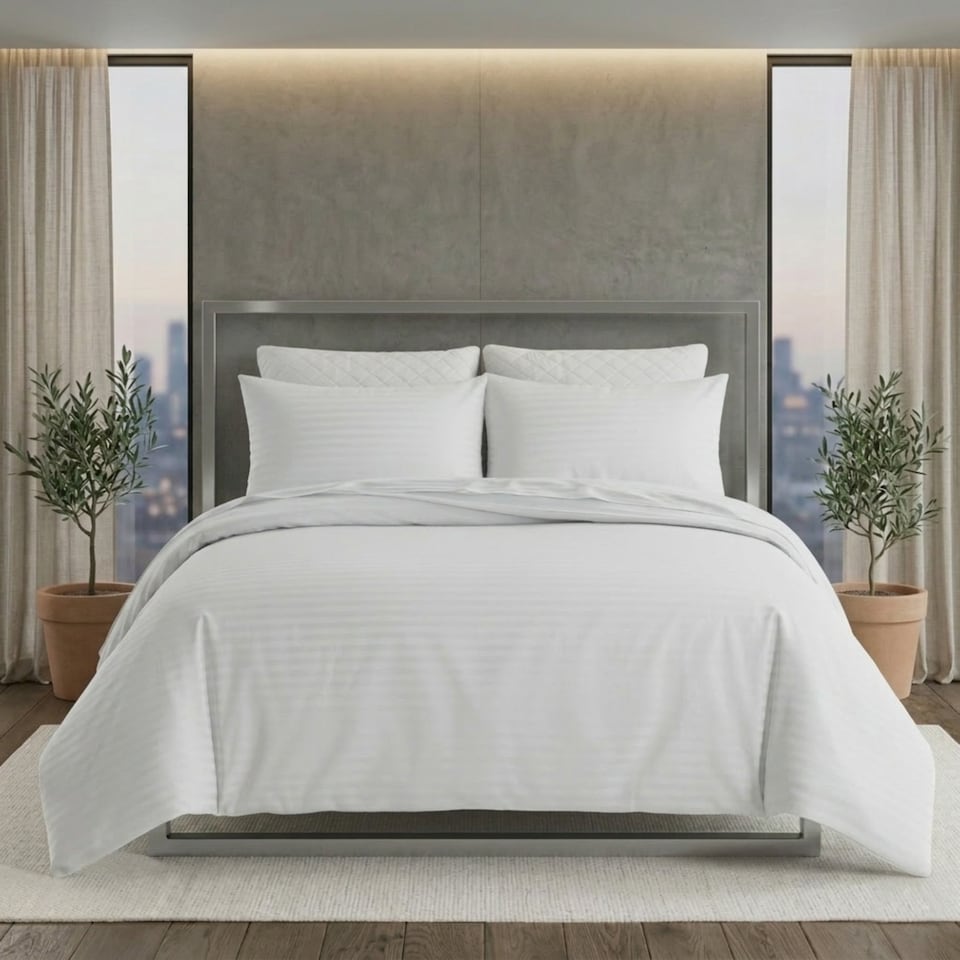 image 1 of Luxury Satin Stripe Duvet Cover Set T250 Cotton Rich Soft Bed Linen | White | Single