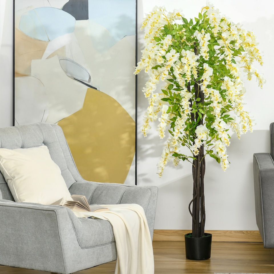 image 1 of HOMCOM Artificial Realistic White Wisteria Tree FauDecorative Plant in Nursery Pot for Indoor Decor, 160cm