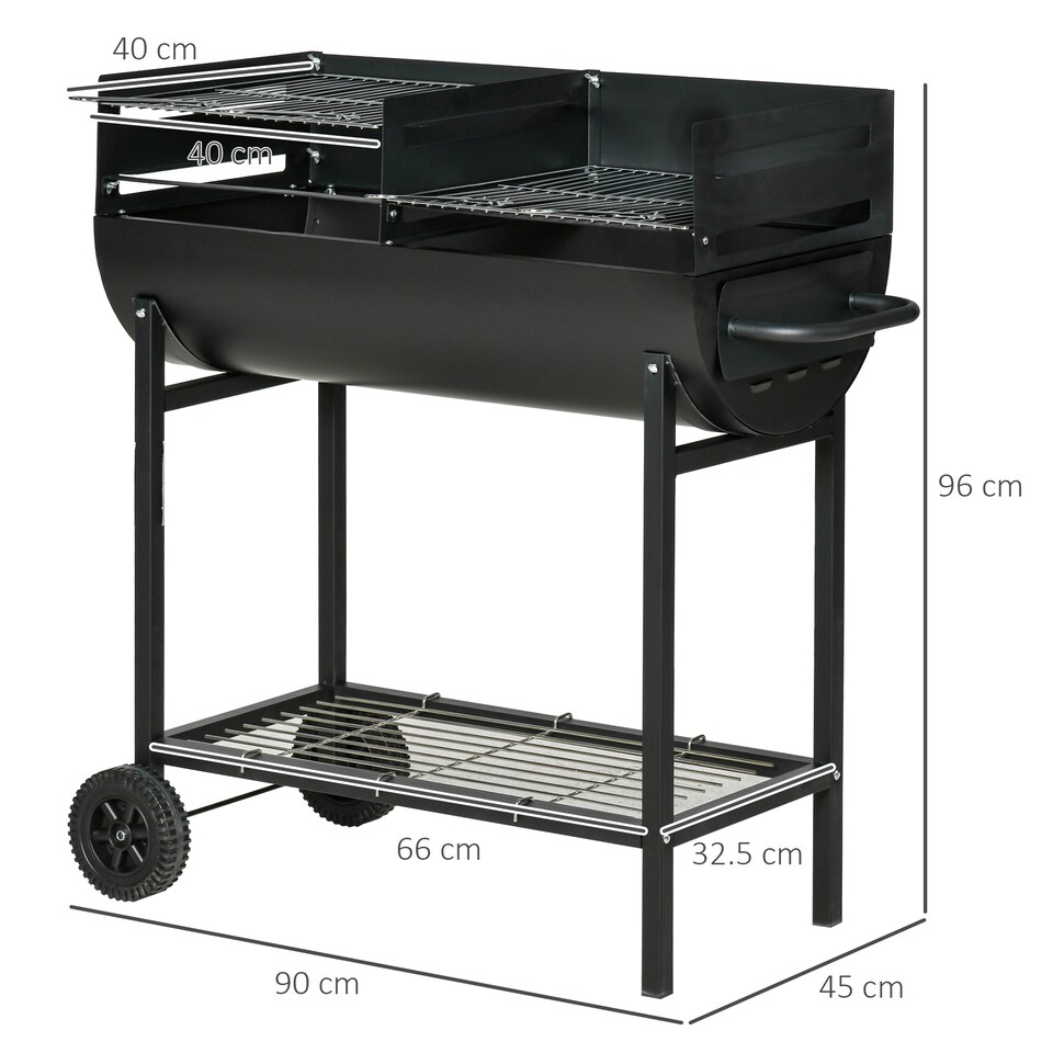 image 1 of Outsunny Trolley Charcoal Barbecue Grill Cart 2 Rolling Wheels Black | Black | Black