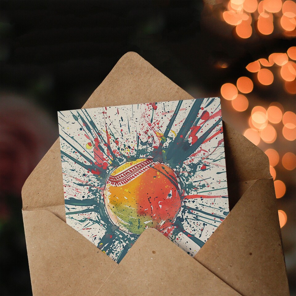 image 1 of Cricket Ball Dynamic Paint Splatter Sport Fan Birthday Card