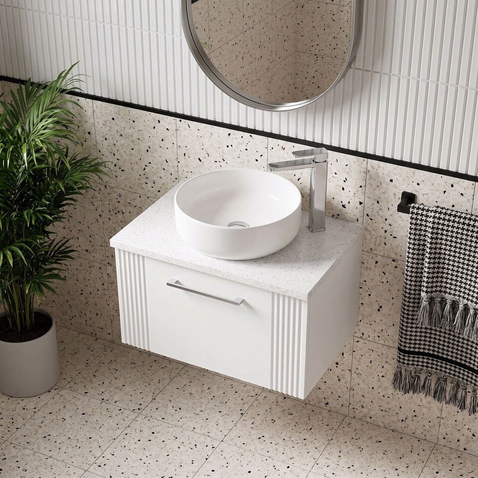 image 1 of Balterley Partial Fluted 1 Drawer Wall Hung Vanity Unit with Sparkling Laminate Worktop | White | Satin White