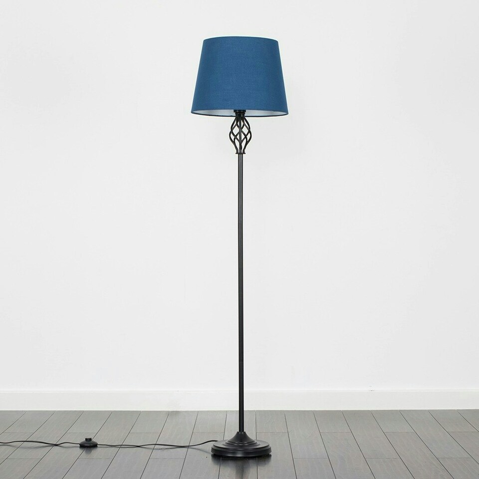 image 1 of ValueLights Traditional Style Black Barley Twist Floor Lamp With Navy Blue Light Shade