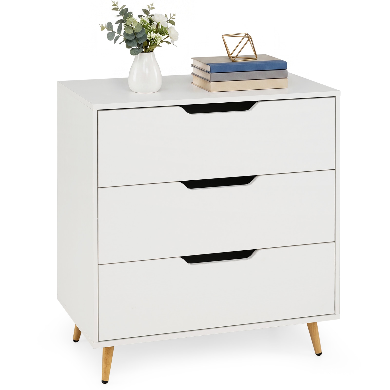 Modern 3-Drawer Dresser, Wooden Nightstand w/ Metal Legs, Anti-Tipping Kits, Cut-out Handles, Bedroom End Table with Storage, Tall Chest of Drawers fo