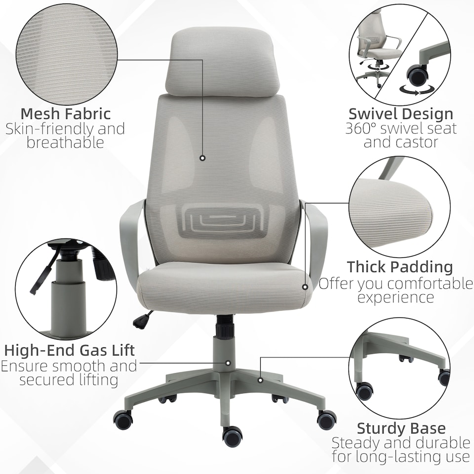 image 1 of Vinsetto Ergonomic Office Chair, High Back Computer Chair, Mesh Desk Chair with Lumbar Support, Headrest, Wheel, Adjustable Height, Grey