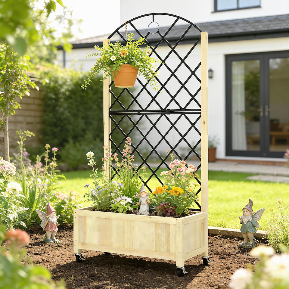 image 1 of Outsunny Garden Bed w/Metal Trellis, Wooden Elevated Planter Box, Natural | Brown | Natural wood | 72W x 36D x 168H cm